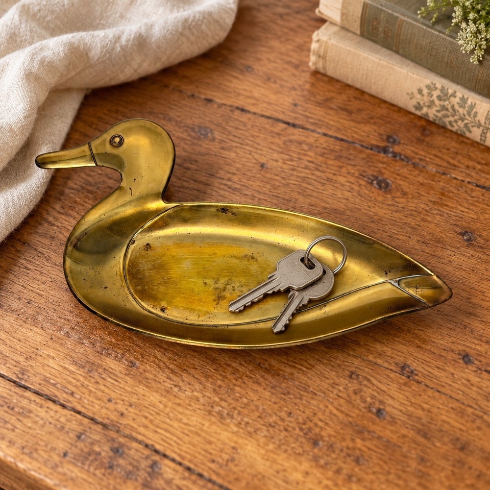 Vintage Brass Duck Trinket Dish 7in Mallard Jewelry Catchall Tray Bird Decor